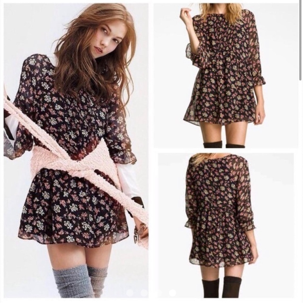 FREE People Women's Black Floral Babydoll Boho Mini Dress Size‎ Small